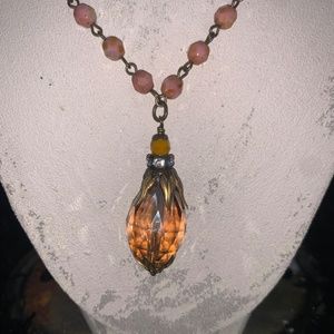 Gold Necklace with Salmon beads and pendant #013
